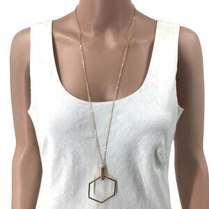 Hexagon Pendant Necklace Long Length Gold Tone Chain New